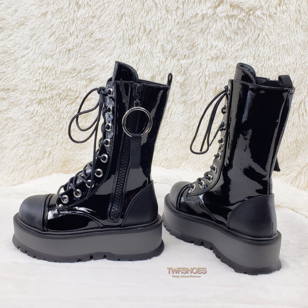 Patent Matte Platform Mid Calf Goth Punk Boots - Picture 2 of 14